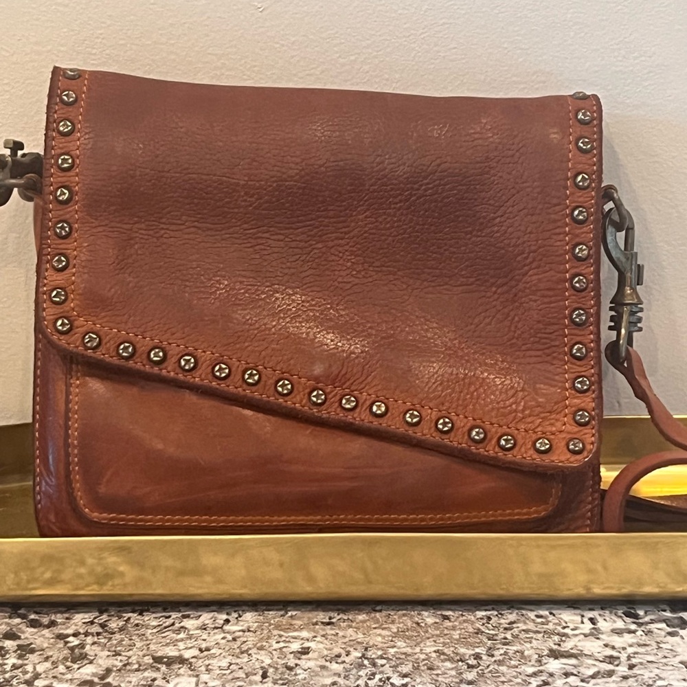 Elegant Brown handmade Italian Leather Crossbody Bag with Stud Accents